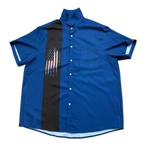 ) Hawaiian Shirts Mens XL Blue Button Up USA Flag Stripe Casual Shirt